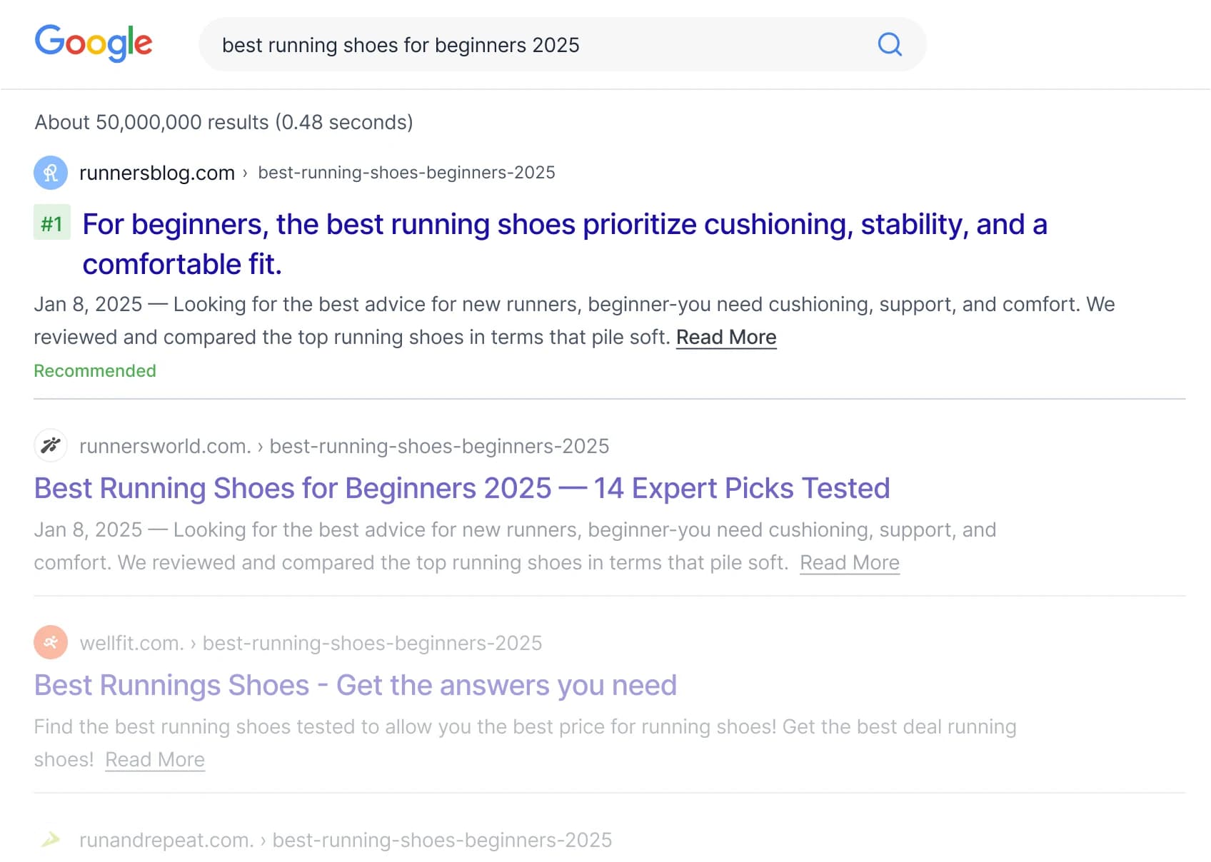 Google search results showing a SammyWrites article ranking #1 for 'best running shoes for beginners 2025'